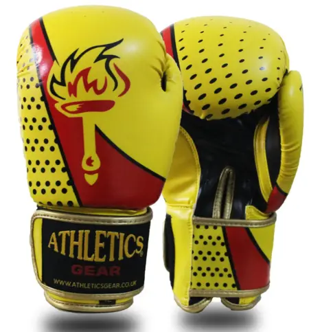 BOXING GLOVES TOP 10 TEN ATHLETICS GEAR BOXTER LTD BOXTER SPORTS PUNCH BAG REX LEATHER PRO KICK FIGHT GYM PUNCHING TRAINING MITTS OLYMPICS FLAME YELLOW AND BLACK
