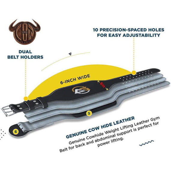 Leather Weightlifting Belt Full Black- 6 Inches Athletics Gear AG